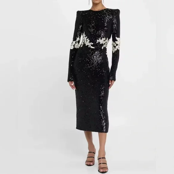 Retail $398 Rose and Lily Black Sequin Dress with Floral Accents - Picture 3 of 11